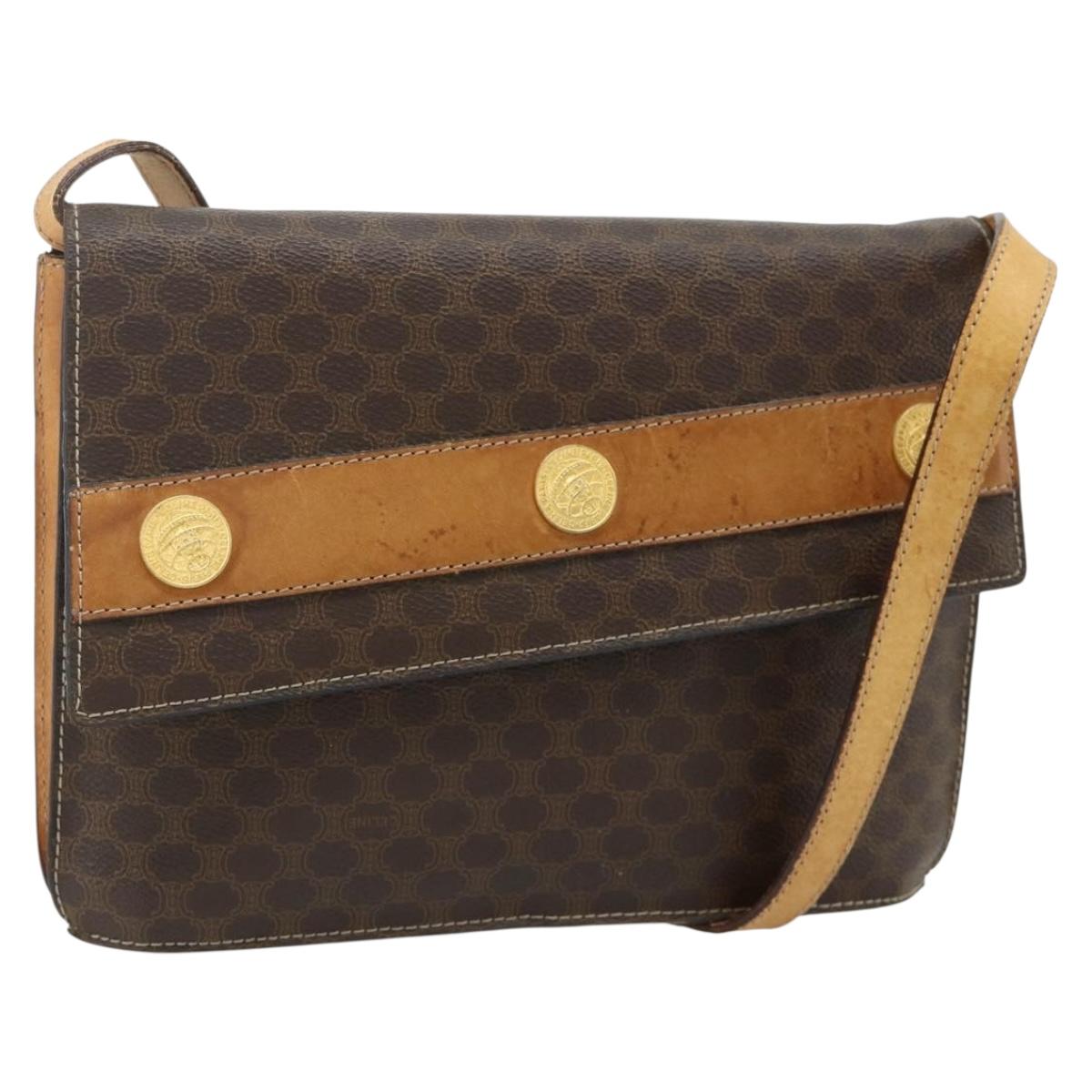 CELINE Macadam Canvas Medallion Shoulder Bag PVC Leather Brown Gold Auth ep14618