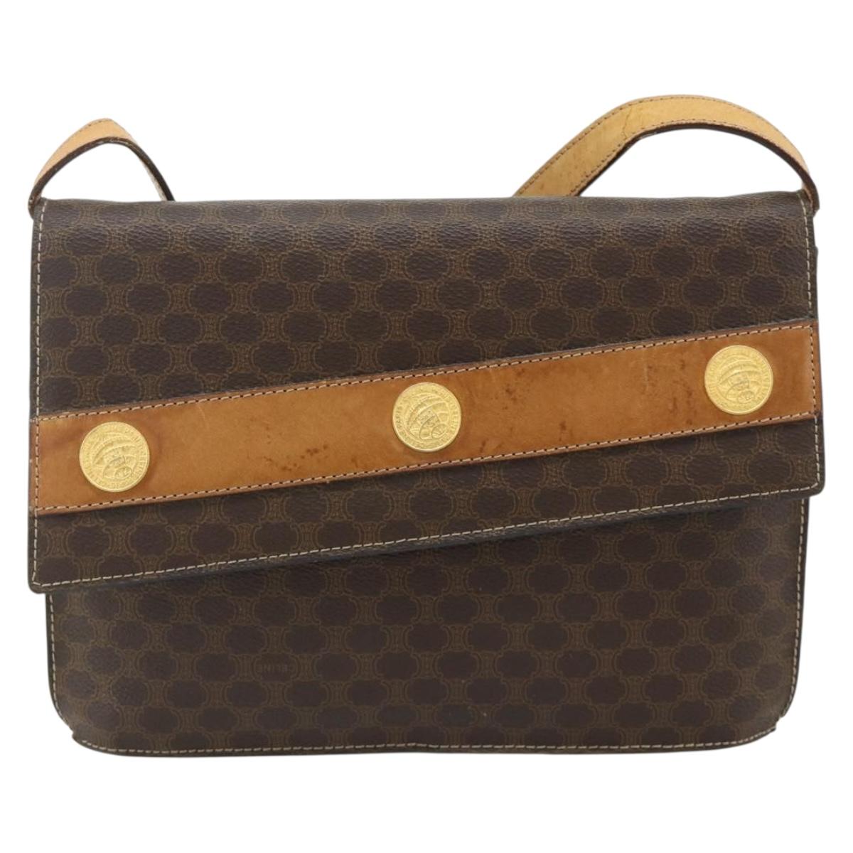 CELINE Macadam Canvas Medallion Shoulder Bag PVC Leather Brown Gold Auth ep14618