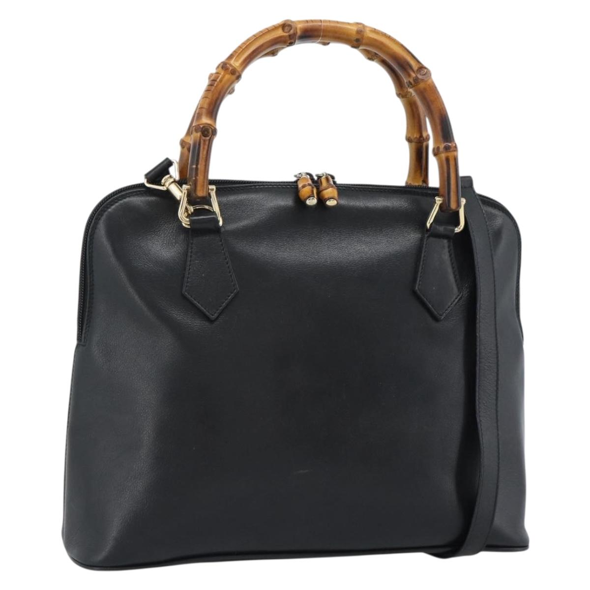 GUCCI Bamboo Hand Bag Leather 2way Black Gold 000 0289 Auth ep14633