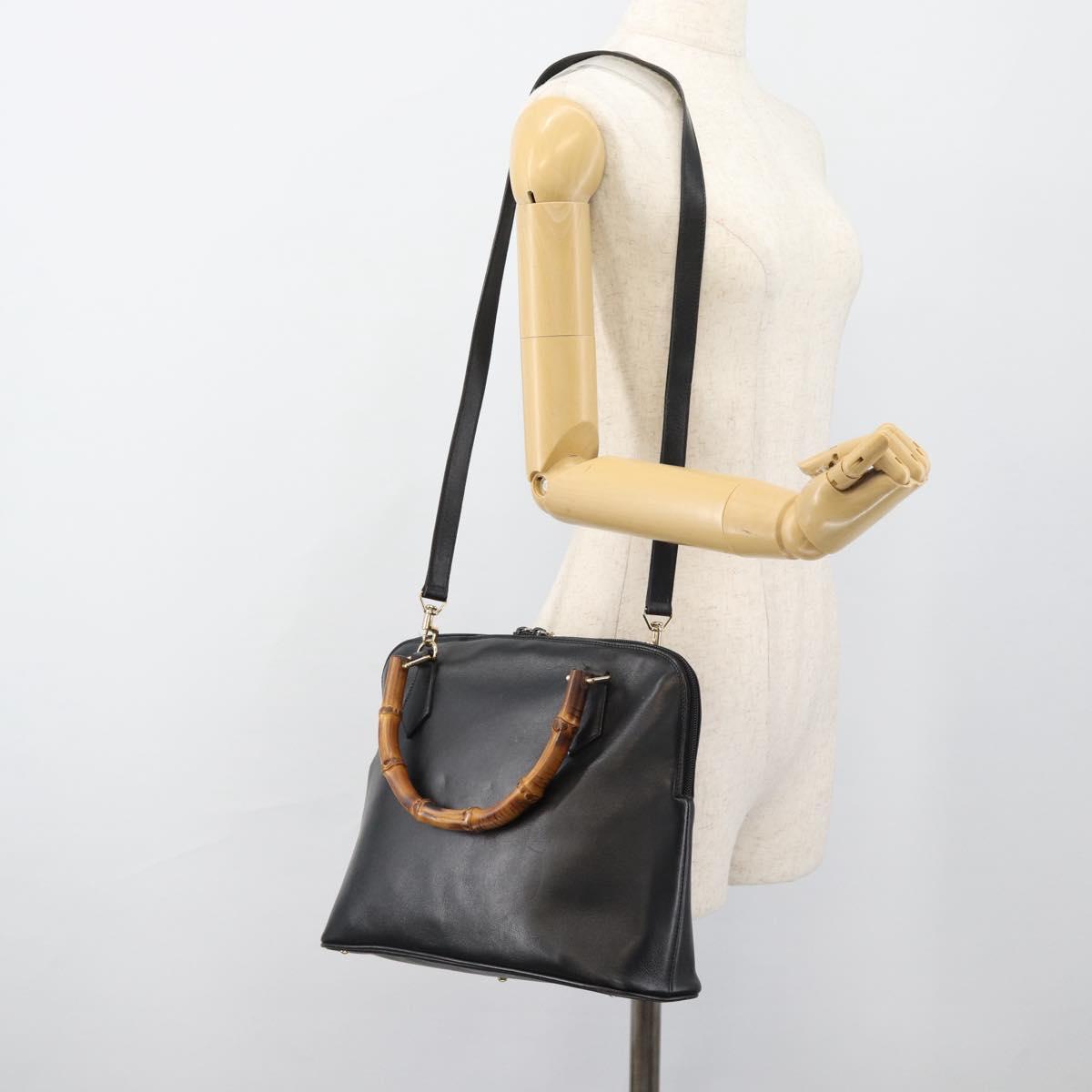 GUCCI Bamboo Hand Bag Leather 2way Black Gold 000 0289 Auth ep14633