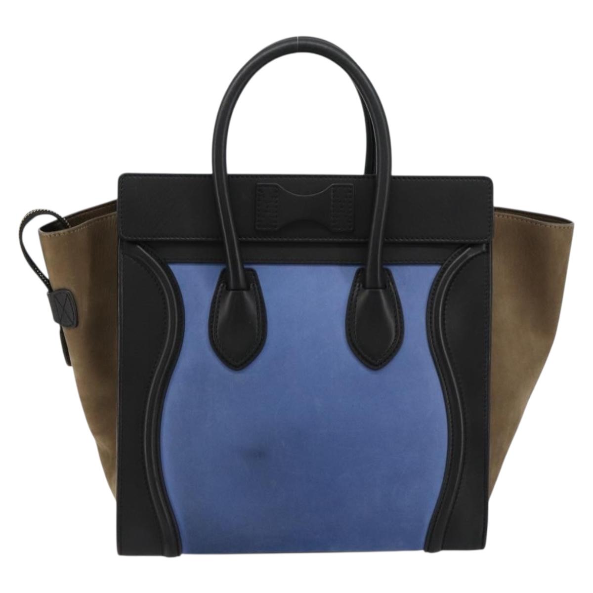 CELINE Luggage Mini Shopper Hand Bag Suede Light Blue Gold Auth ep14637A