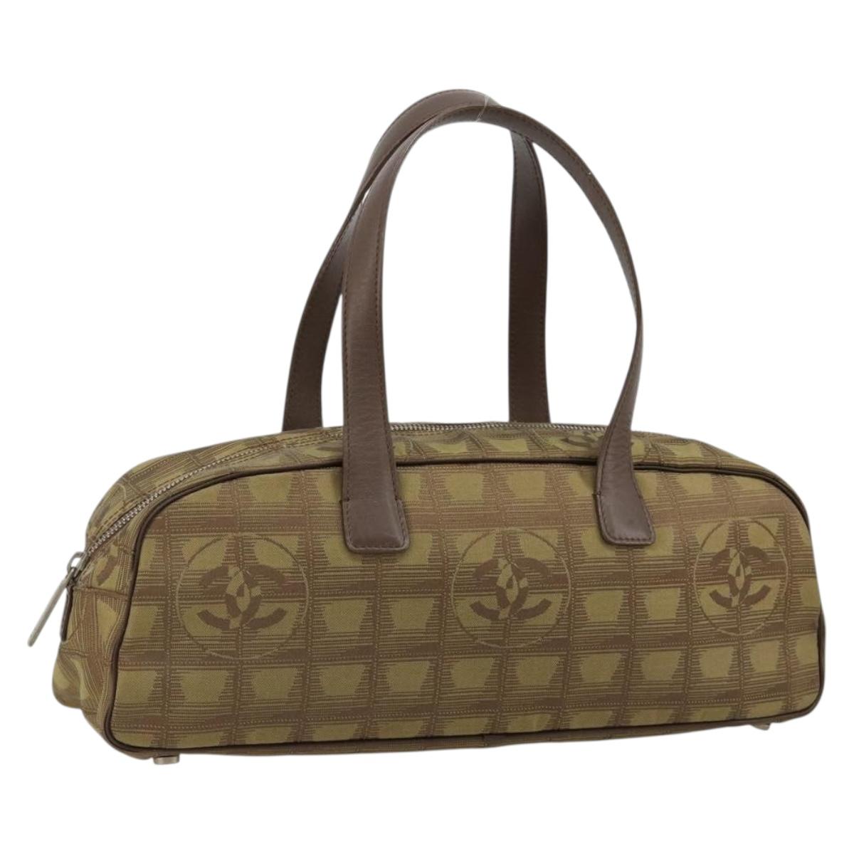 CHANEL New Travel Line Hand Bag Canvas Khaki Silver CC Auth ep14646A