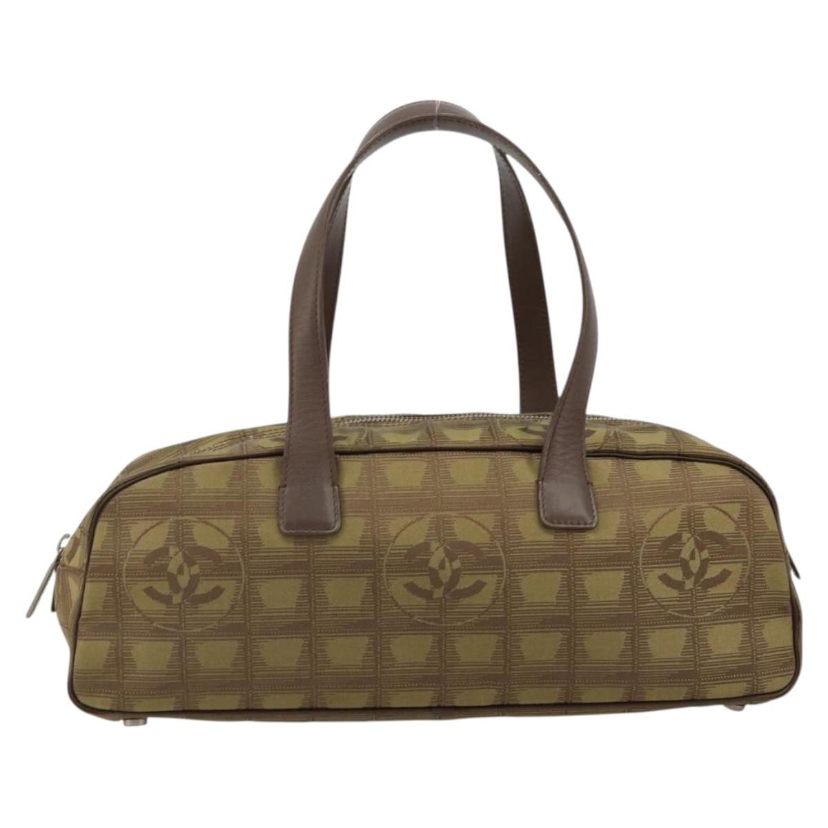 CHANEL New Travel Line Hand Bag Canvas Khaki Silver CC Auth ep14646A