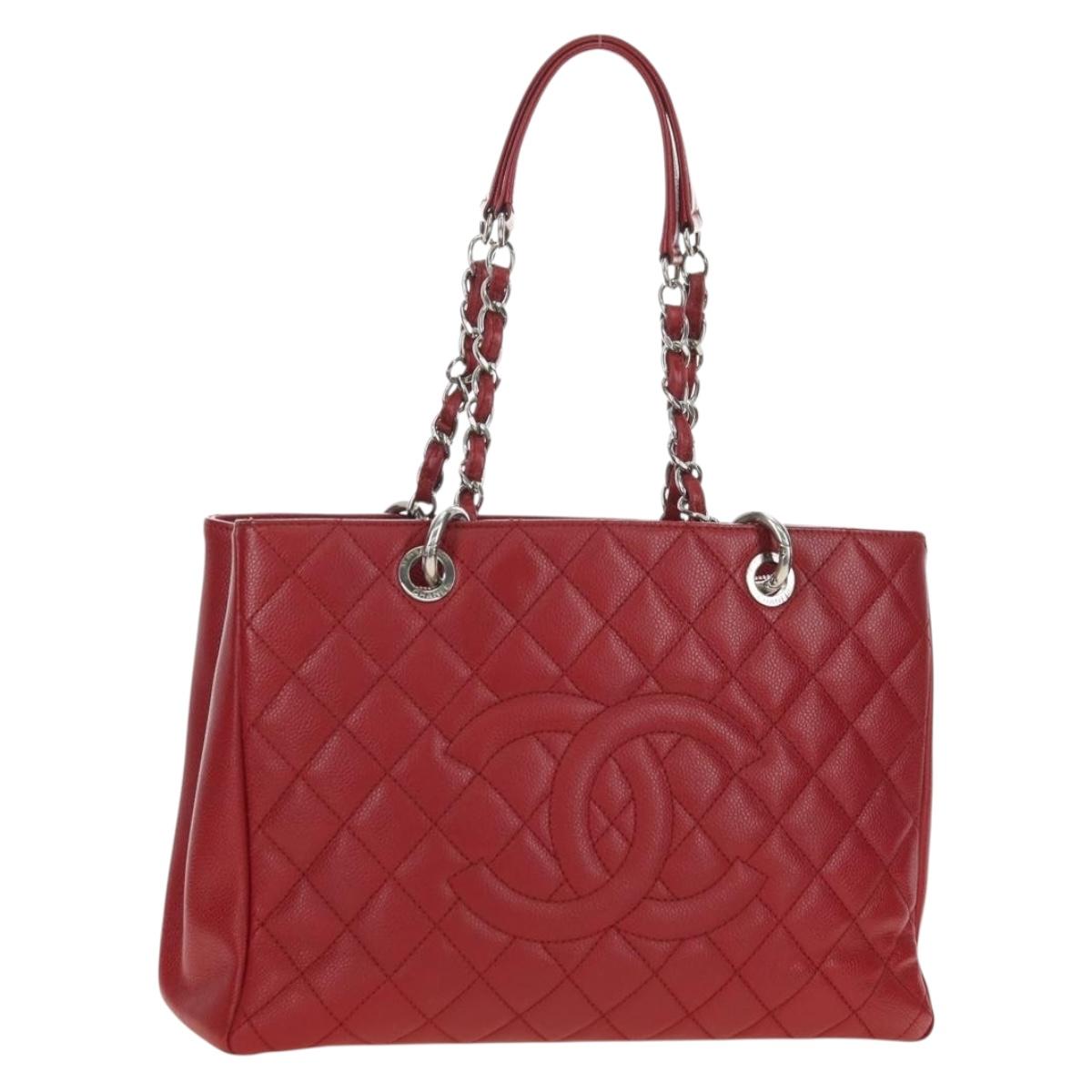 CHANEL GST Matelasse Chain Tote Bag Caviar Skin Red Silver CC Auth ep14654V