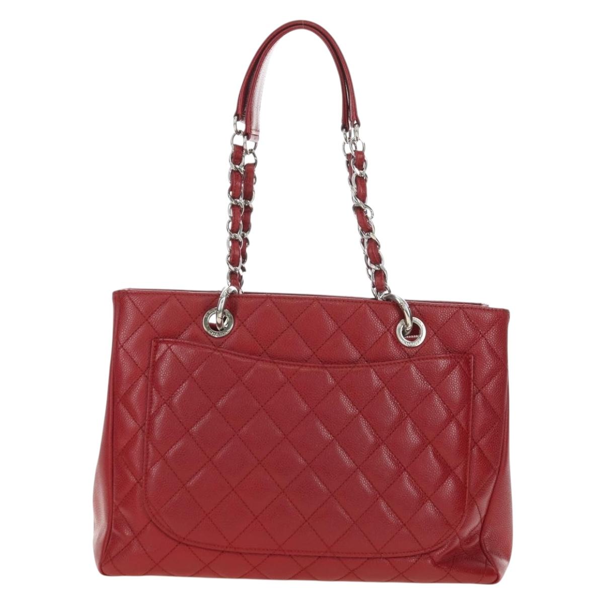 CHANEL GST Matelasse Chain Tote Bag Caviar Skin Red Silver CC Auth ep14654V
