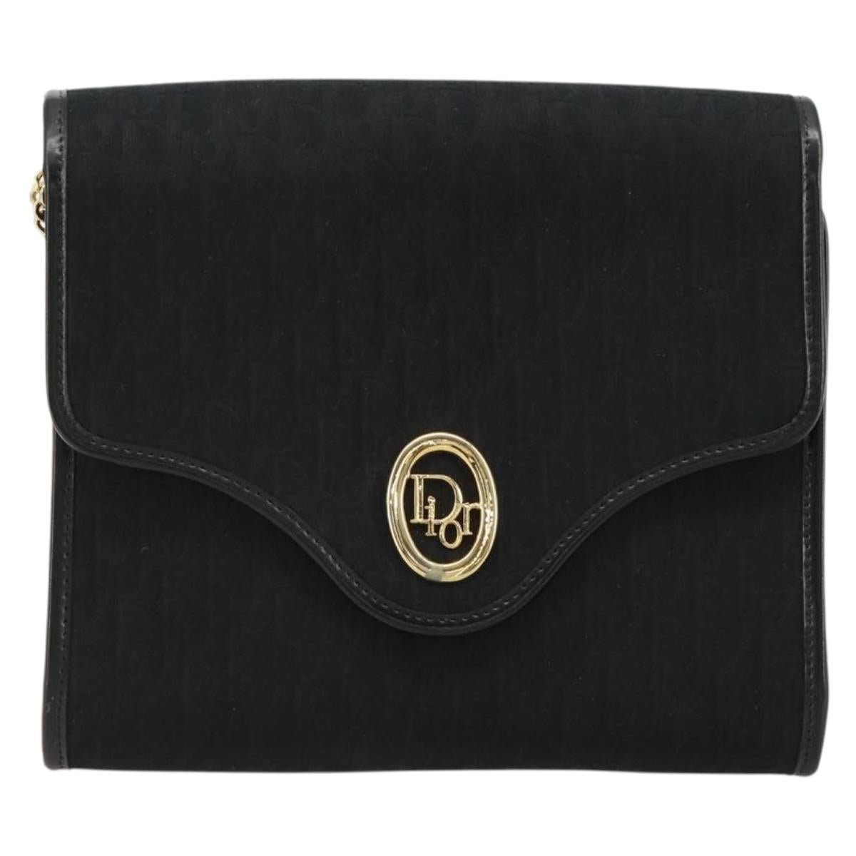 Christian Dior Trotter Canvas Chain Shoulder Bag Black Gold Auth ep14658A