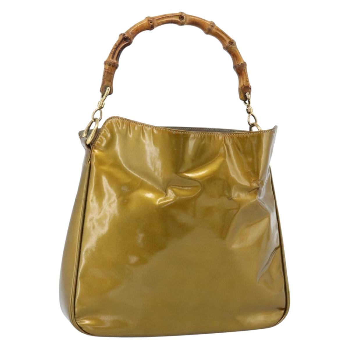 GUCCI Bamboo Hand Bag Patent leather Gold Auth ep14663
