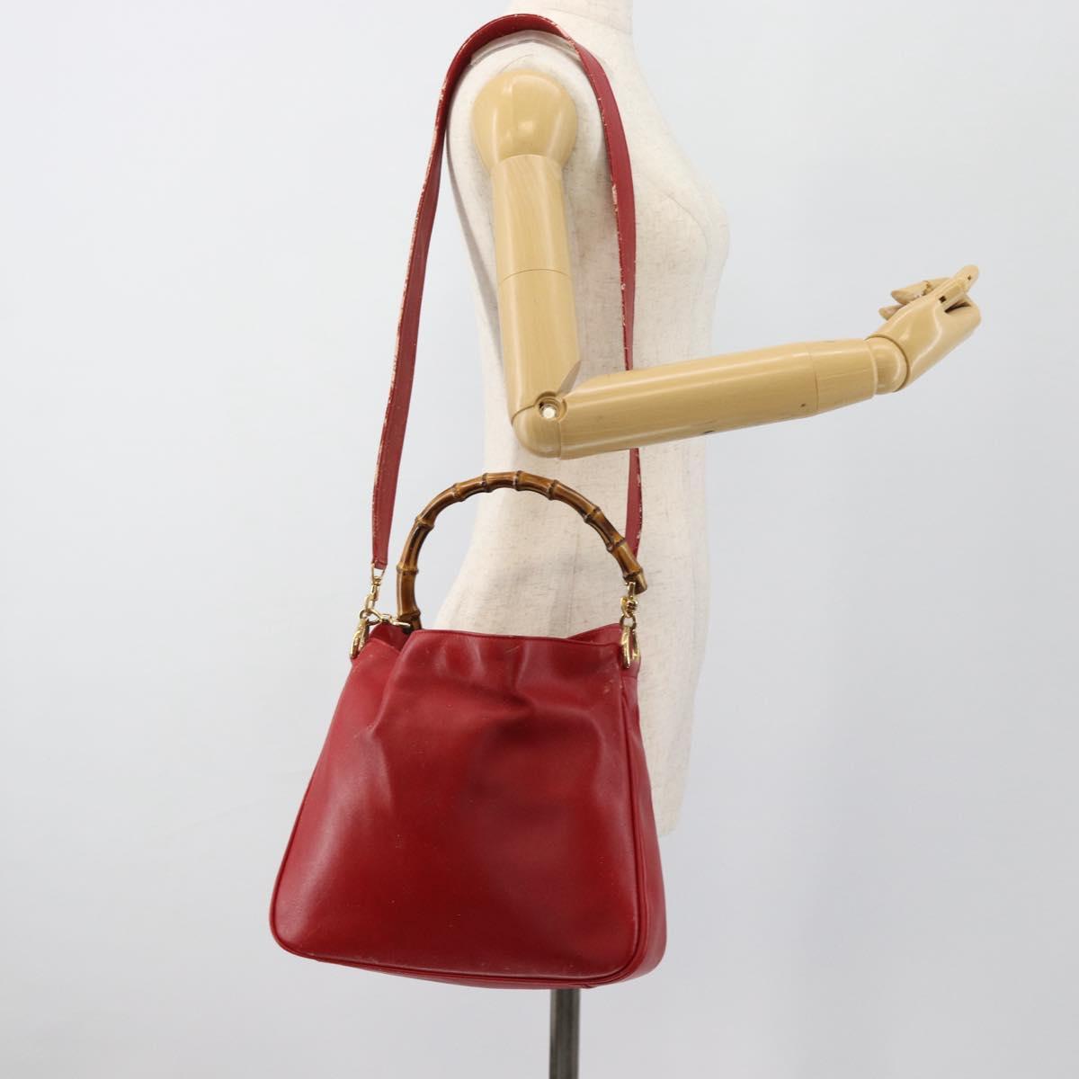 GUCCI Bamboo Hand Bag Leather 2way Red Gold Auth ep14677