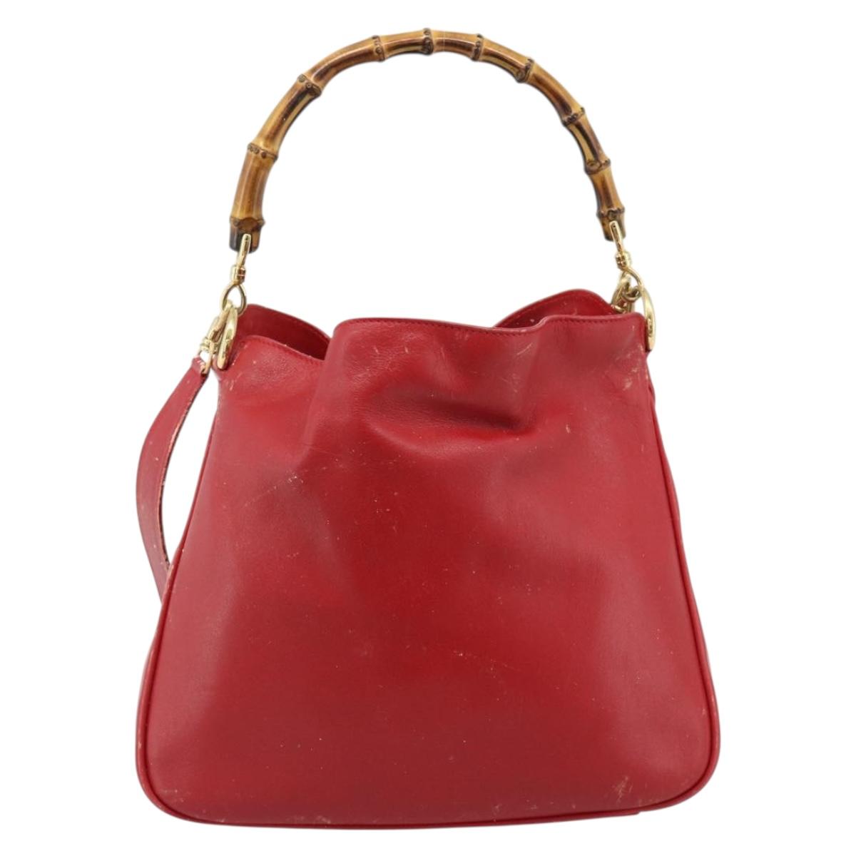 GUCCI Bamboo Hand Bag Leather 2way Red Gold Auth ep14677