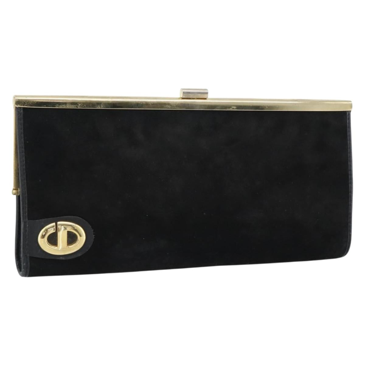 Christian Dior Clutch Bag Suede Black Gold Auth ep14678