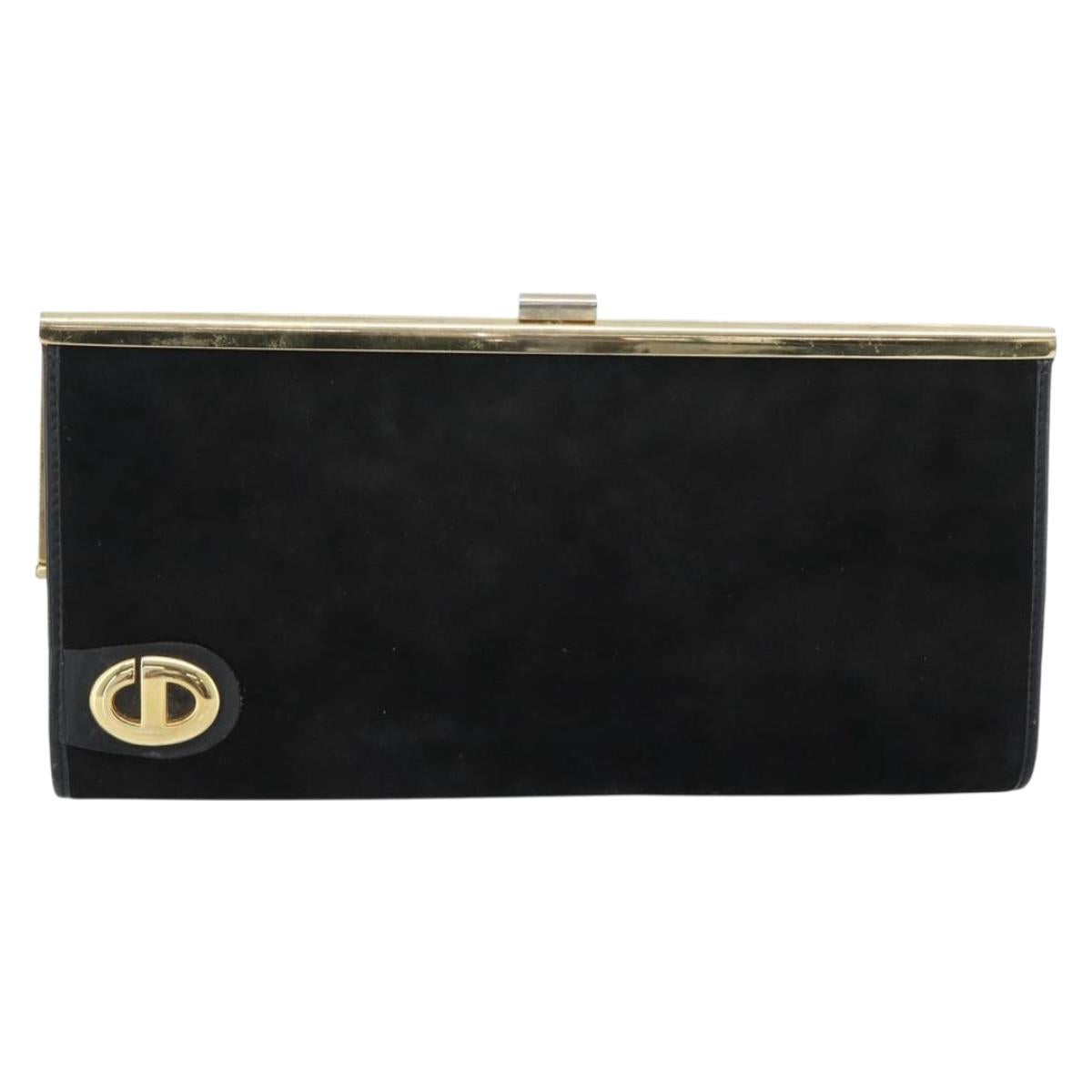 Christian Dior Clutch Bag Suede Black Gold Auth ep14678