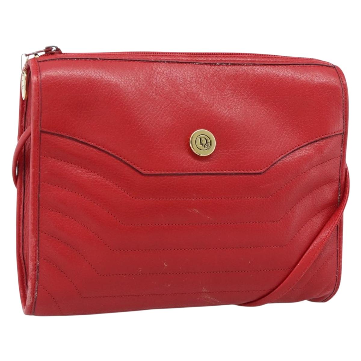 Christian Dior Shoulder Bag Leather Red Gold Auth ep14679