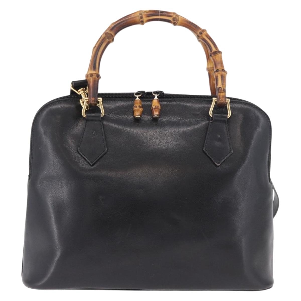 GUCCI Bamboo Hand Bag Leather 2way Black Gold 000 1186 0289 Auth ep14685