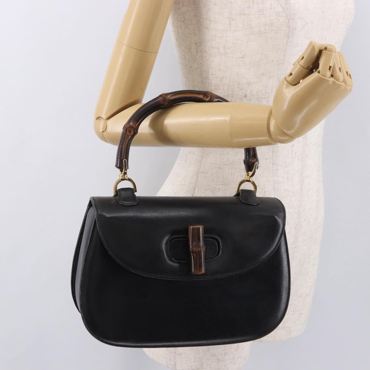 GUCCI Bamboo Hand Bag Leather Black Gold Auth ep14689A