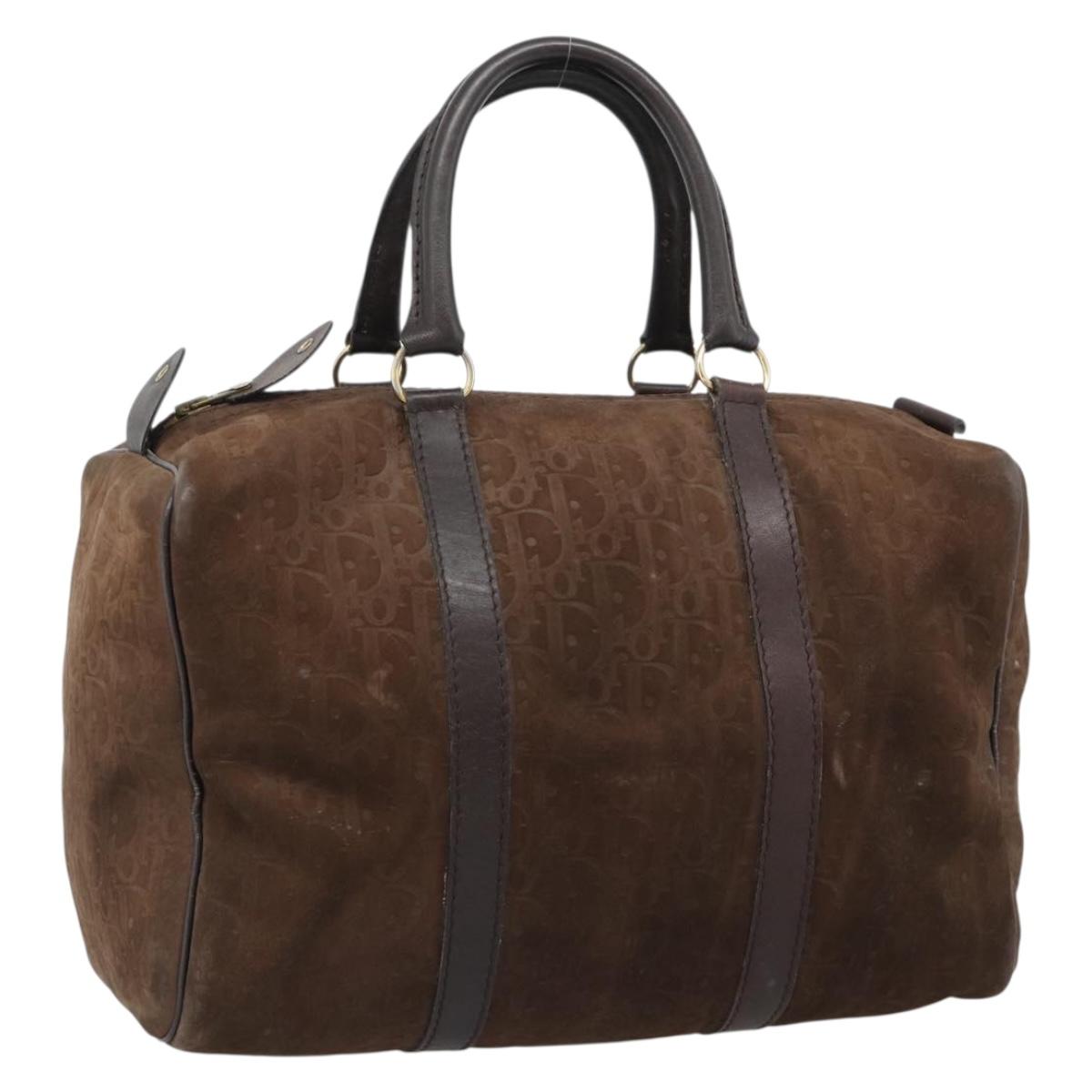 Christian Dior Trotter Canvas Boston Bag Suede Brown Gold Auth ep14691