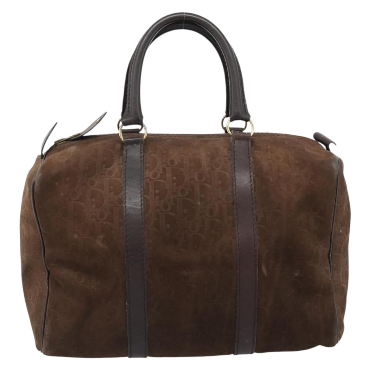 Christian Dior Trotter Canvas Boston Bag Suede Brown Gold Auth ep14691