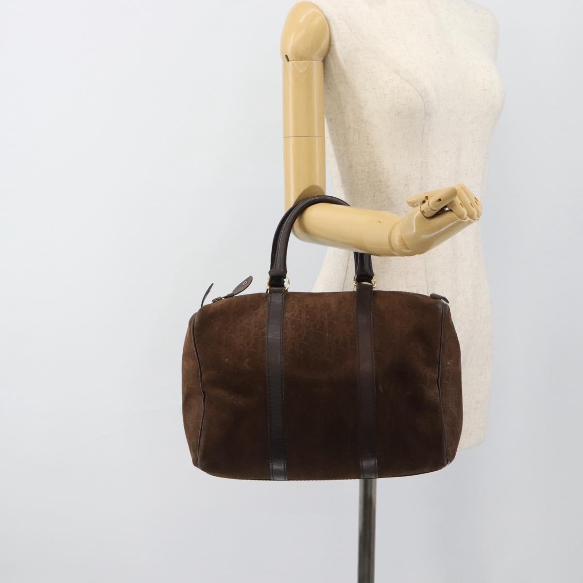 Christian Dior Trotter Canvas Boston Bag Suede Brown Gold Auth ep14691