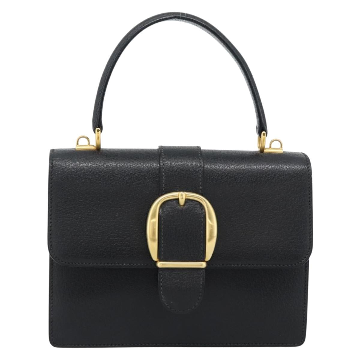 GUCCI Hand Bag Leather Black Gold Auth ep14699A