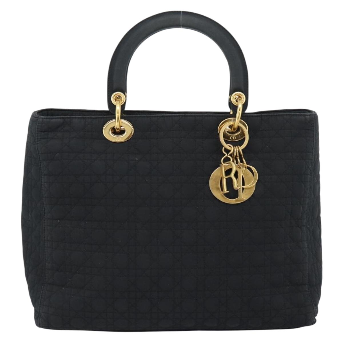 Christian Dior Lady Dior Canage Hand Bag Canvas Black Gold Auth ep14710