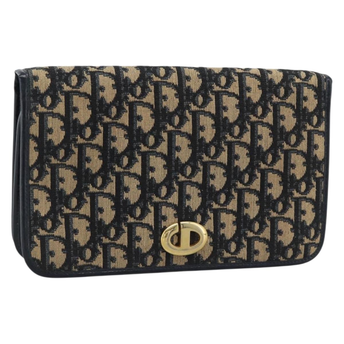 Christian Dior Trotter Canvas Clutch Bag Navy Gold Auth ep14711