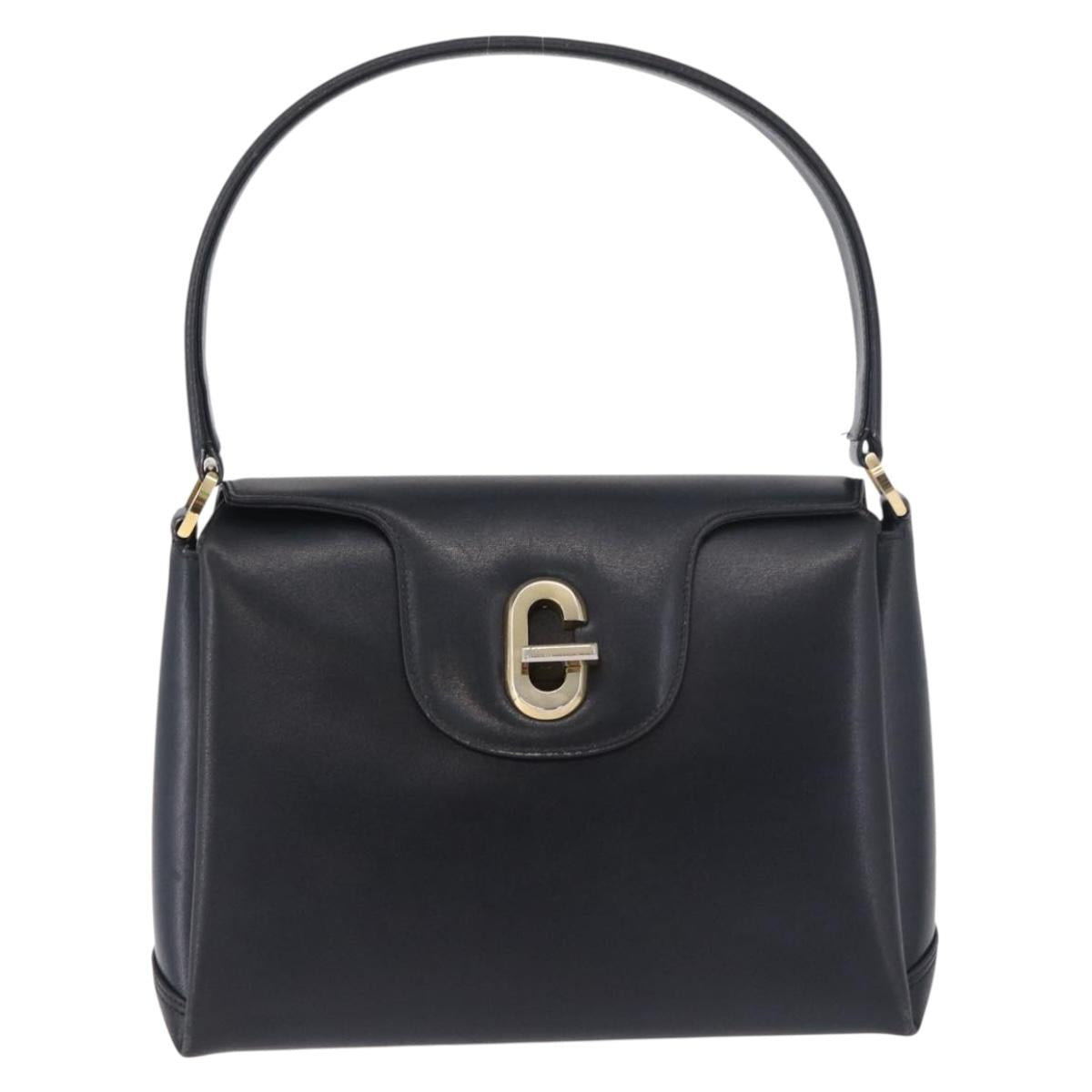 GUCCI Hand Bag Leather Navy Gold Auth ep14729A
