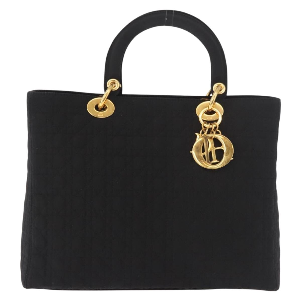 Christian Dior Lady Dior Canage Hand Bag Canvas 2way Black Gold Auth ep14735