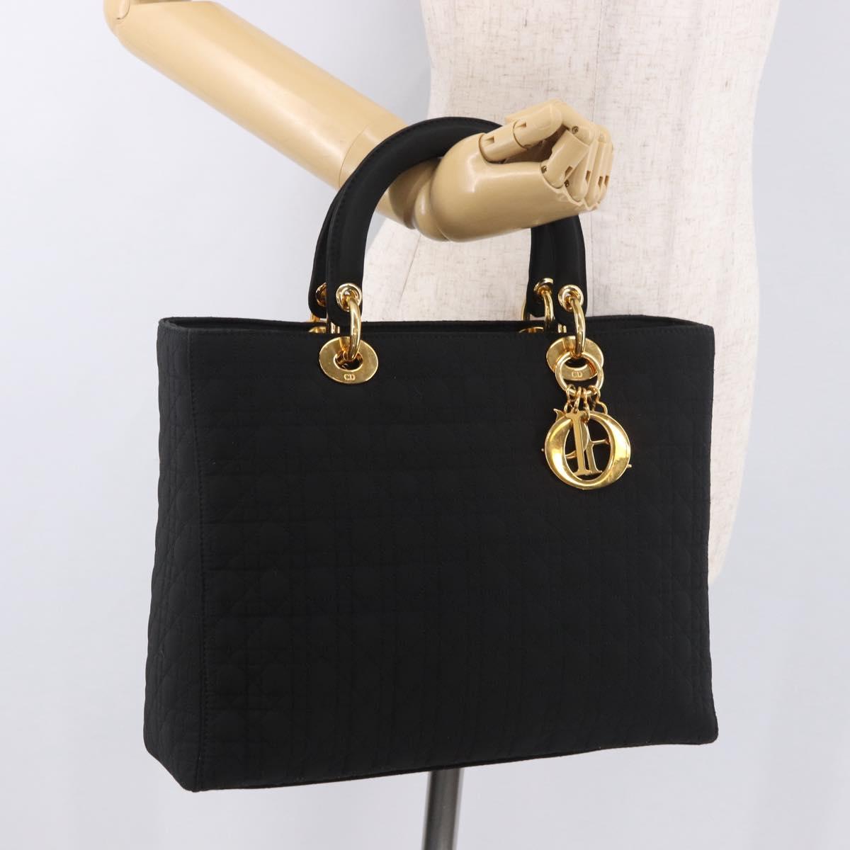 Christian Dior Lady Dior Canage Hand Bag Canvas 2way Black Gold Auth ep14735