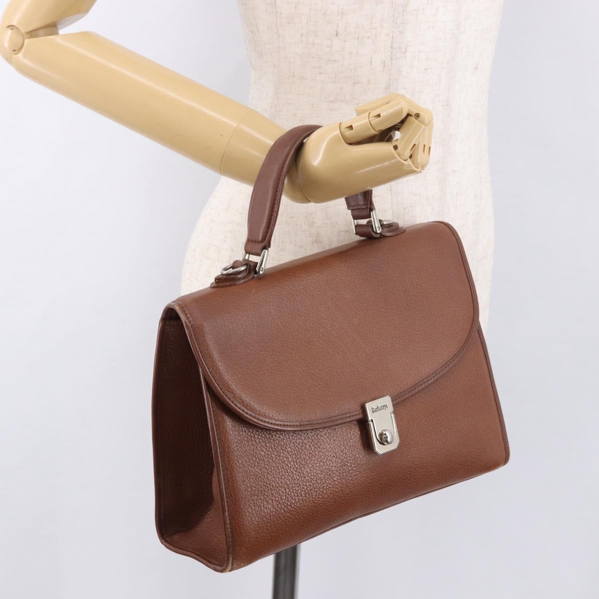 Burberrys Hand Bag Leather Brown Gold Auth ep14751
