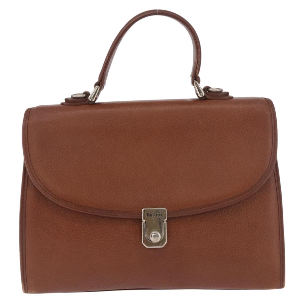 Burberrys Hand Bag Leather Brown Gold Auth ep14751