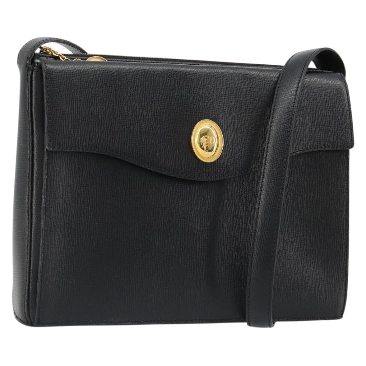 Christian Dior Shoulder Bag Leather Black Gold Auth ep14752