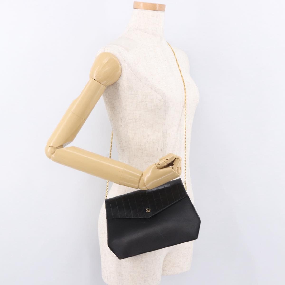 Christian Dior Chain Shoulder Bag Leather Black Gold Auth ep14757A