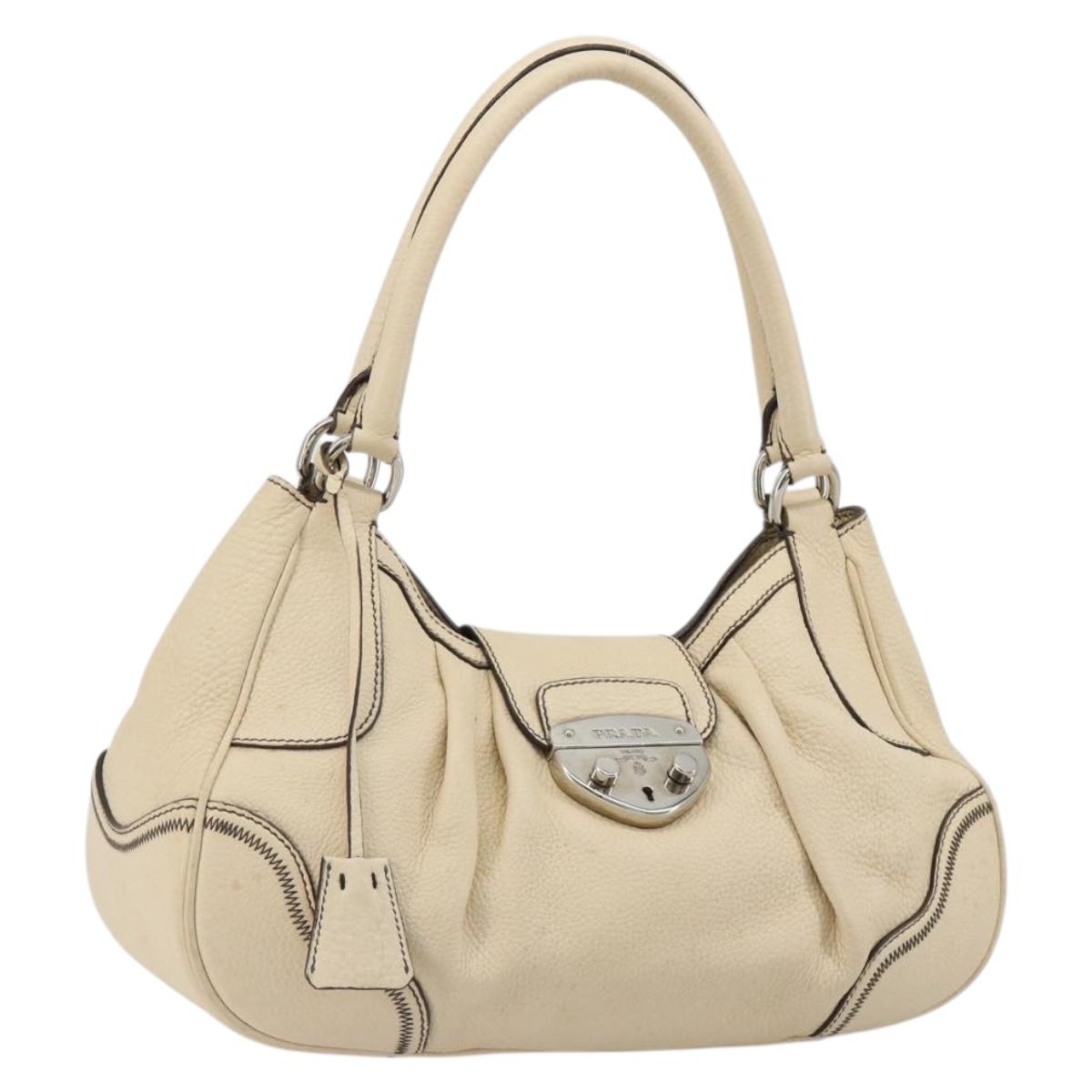 PRADA Hand Bag Leather Ivory Silver Auth ep14770A