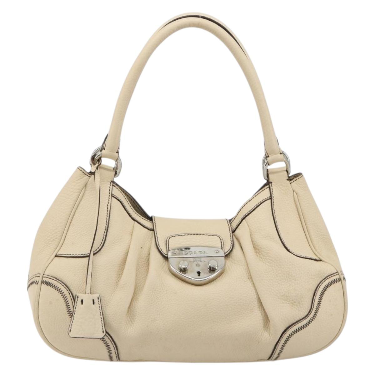 PRADA Hand Bag Leather Ivory Silver Auth ep14770A