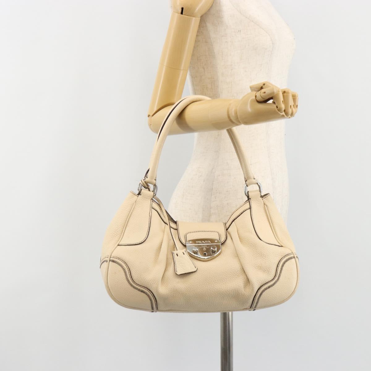 PRADA Hand Bag Leather Ivory Silver Auth ep14770A