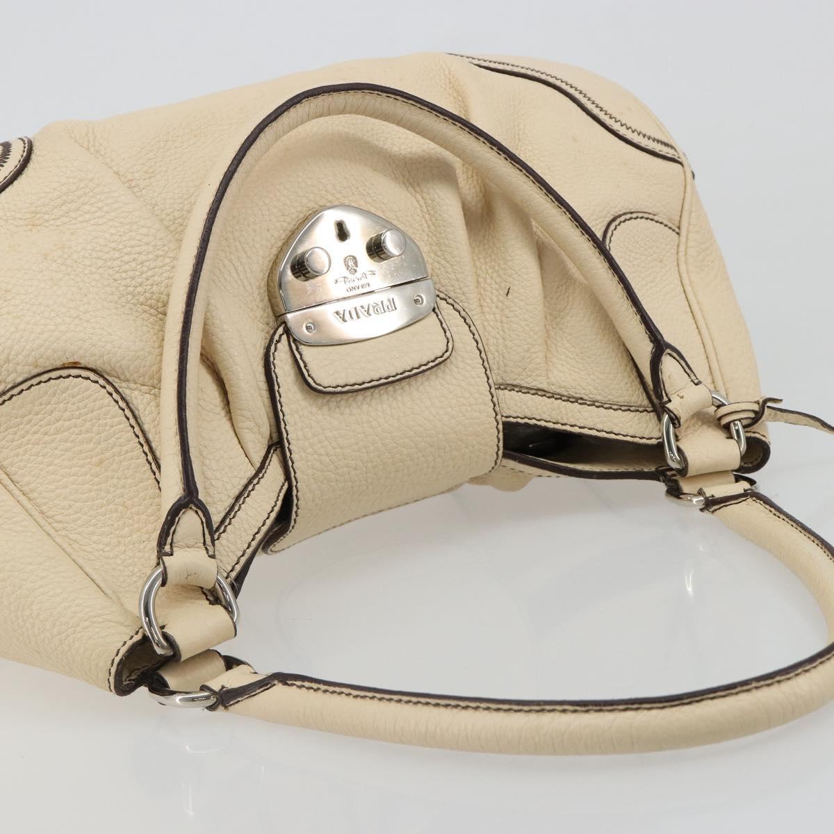 PRADA Hand Bag Leather Ivory Silver Auth ep14770A