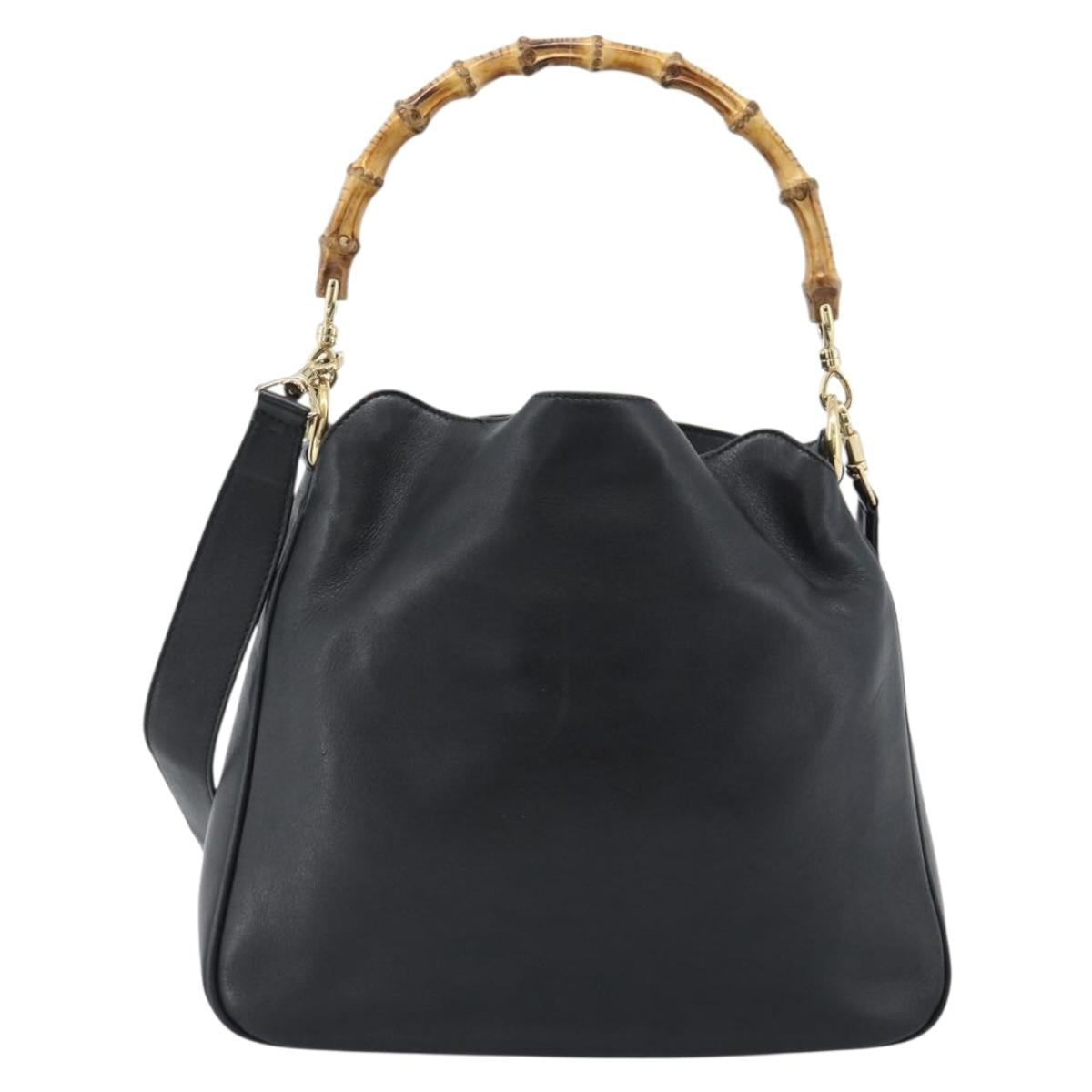 GUCCI Bamboo Hand Bag Leather 2way Black Gold 001 1638 Auth ep14771