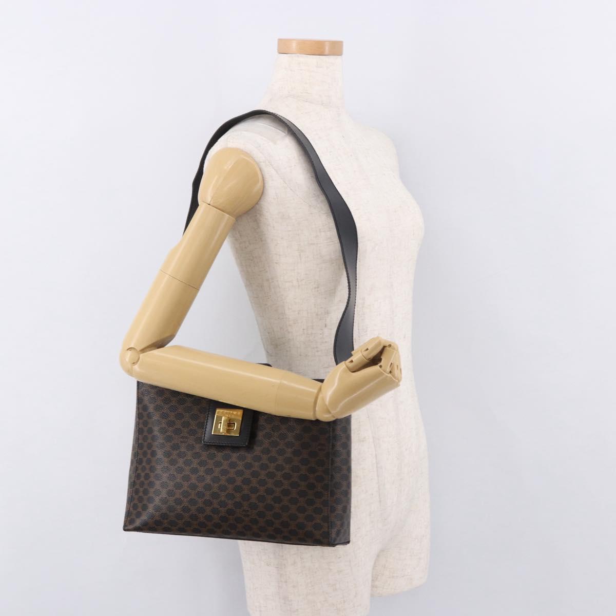 CELINE Macadam Canvas Shoulder Bag PVC Leather Black Gold Auth ep14777
