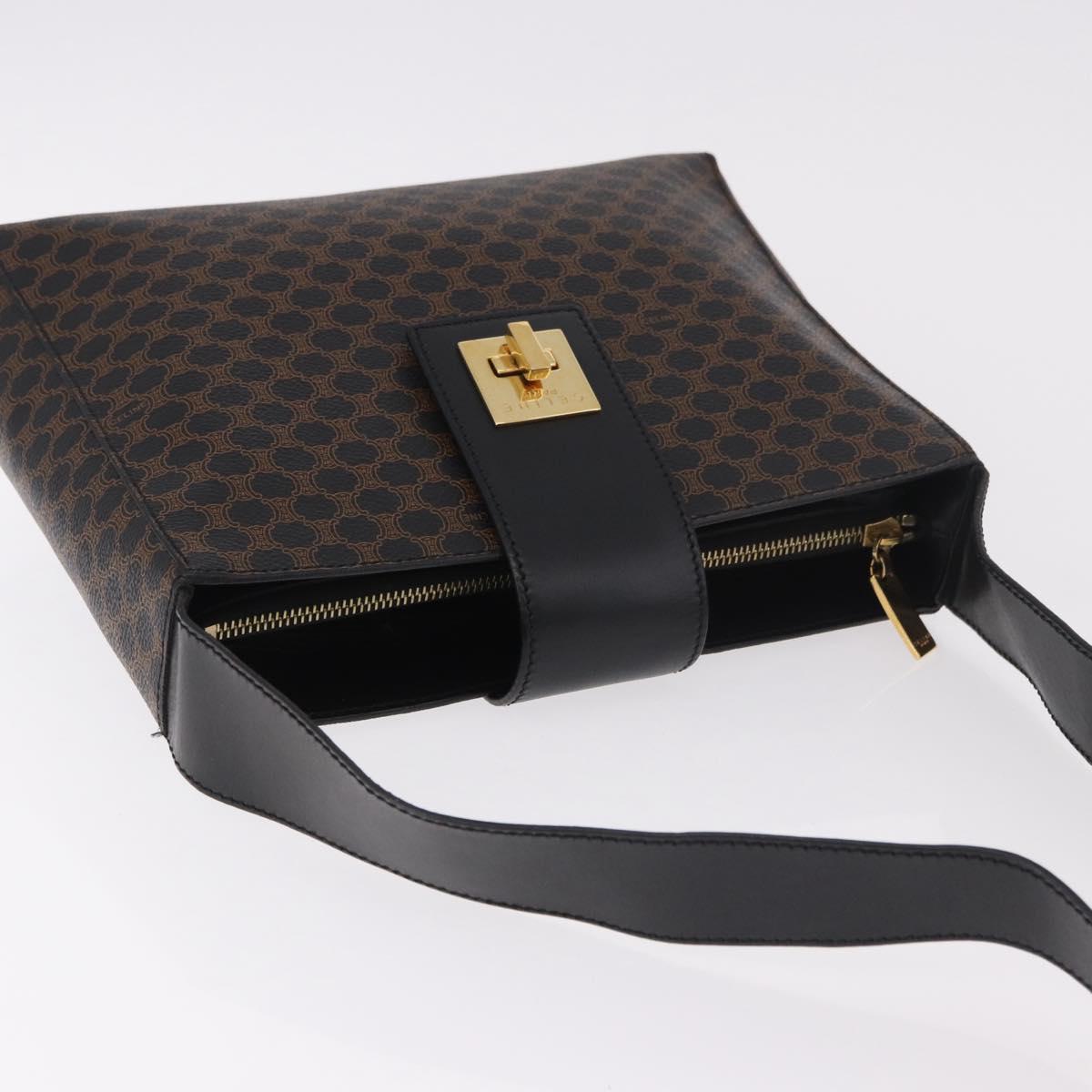 CELINE Macadam Canvas Shoulder Bag PVC Leather Black Gold Auth ep14777