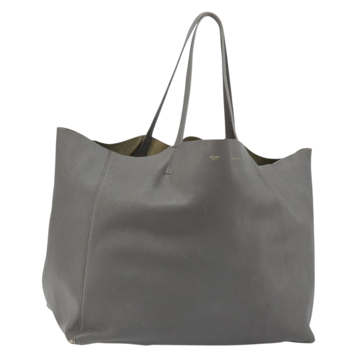 CELINE Horizontal Cabas Tote Bag Leather Gray Gold Auth ep14795