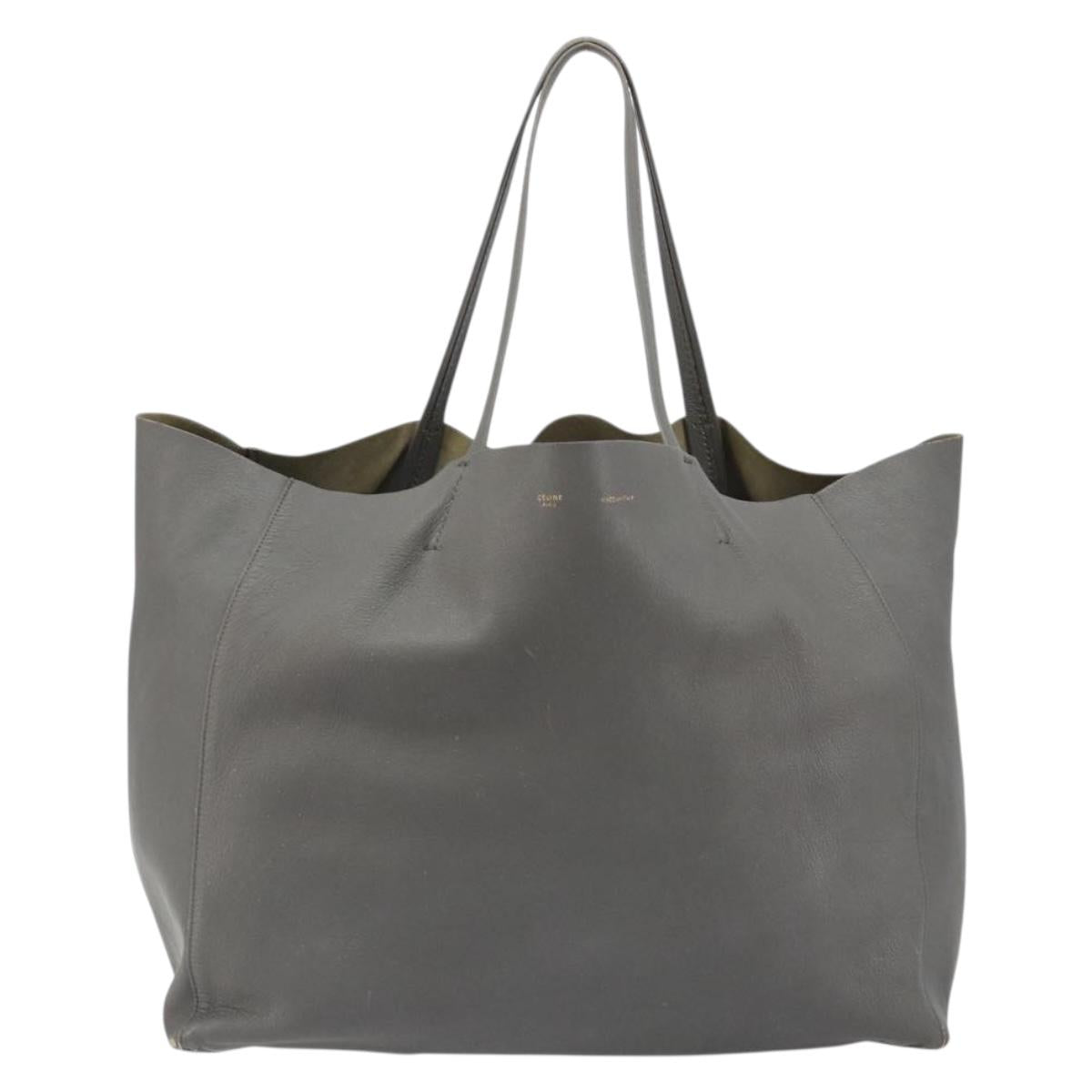 CELINE Horizontal Cabas Tote Bag Leather Gray Gold Auth ep14795