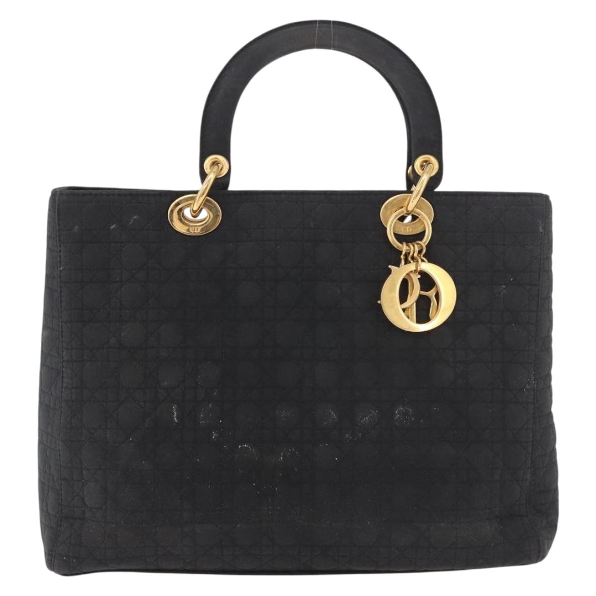 Christian Dior Lady Dior Canage Hand Bag Canvas Black Gold Auth ep14813