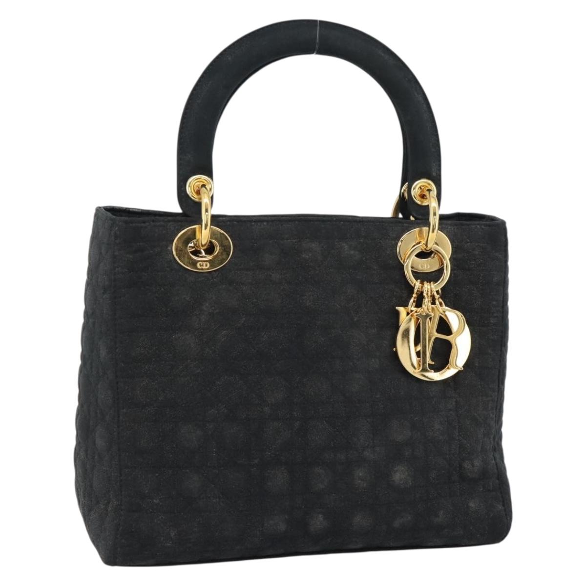 Christian Dior Lady Dior Canage Hand Bag Canvas Black Gold Auth ep14827