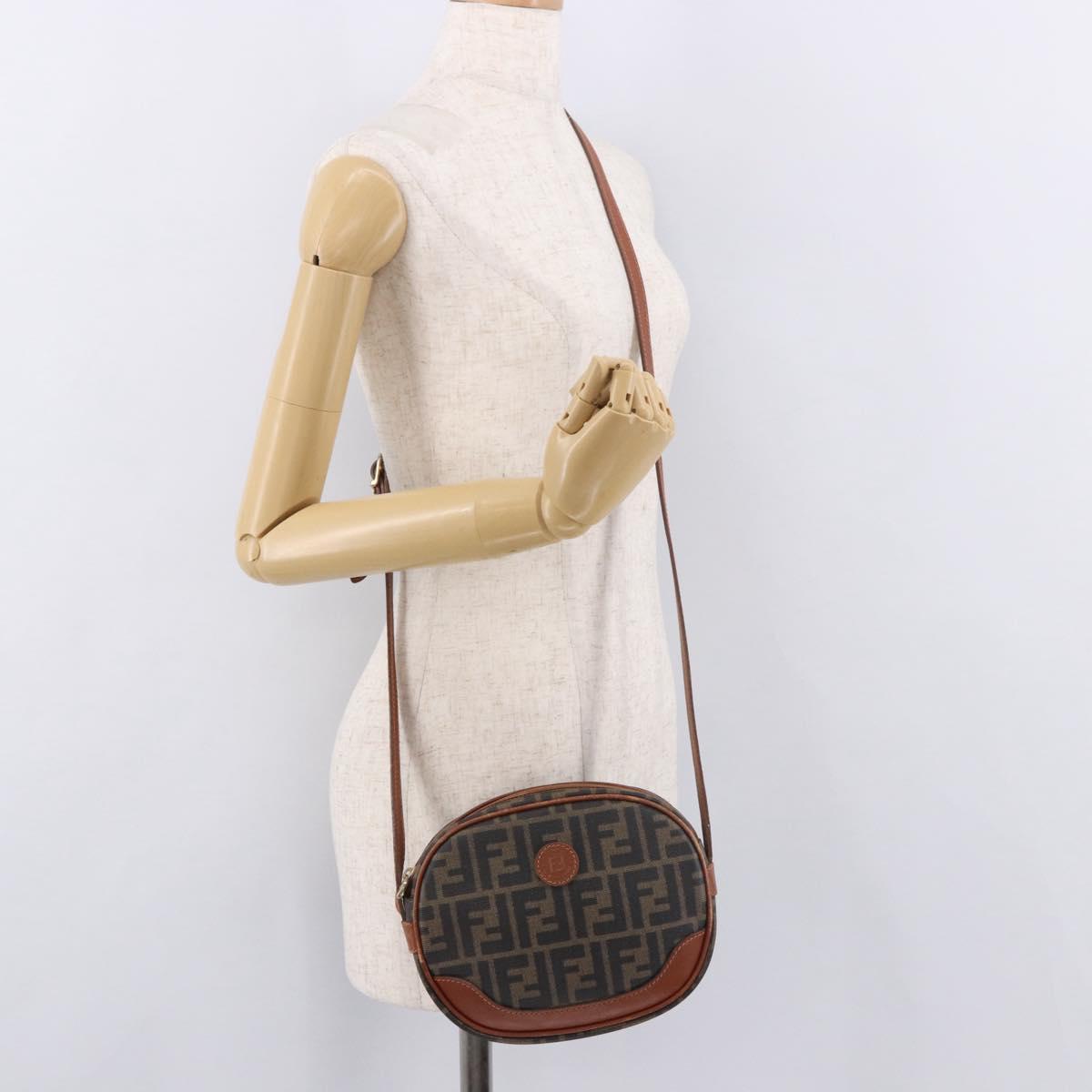 FENDI Zucca Canvas Shoulder Bag Black Brown gold Auth ep14830