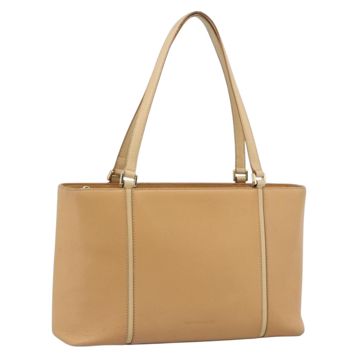 BURBERRY Tote Bag Leather Beige Gold Auth ep14835