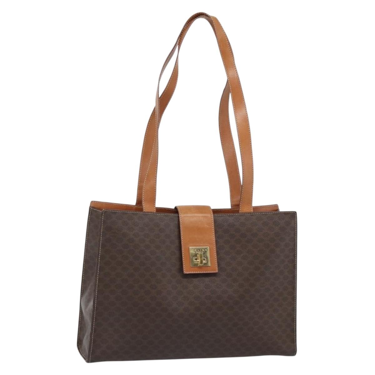 CELINE Macadam Canvas Tote Bag PVC Leather Brown Gold Auth ep14838