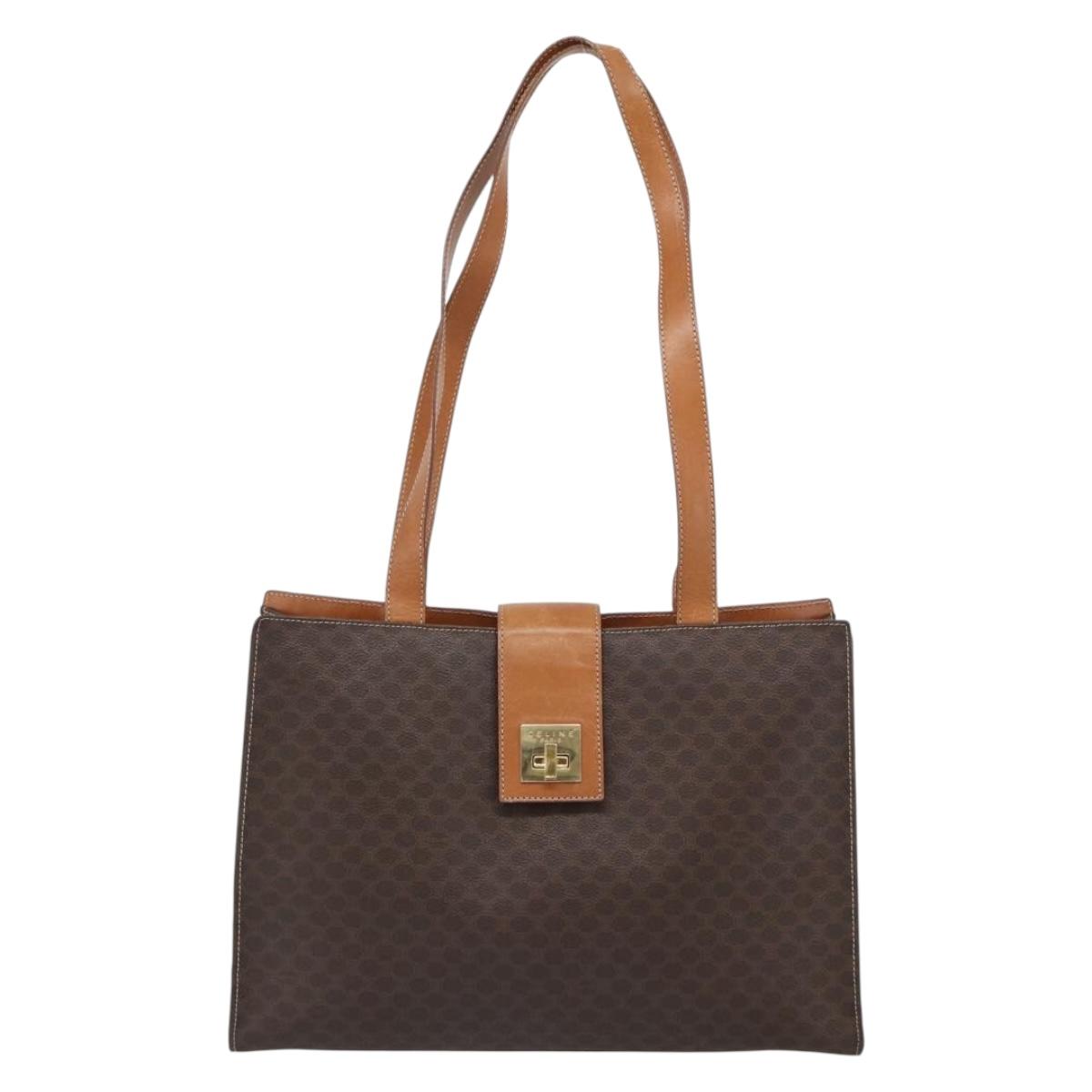 CELINE Macadam Canvas Tote Bag PVC Leather Brown Gold Auth ep14838