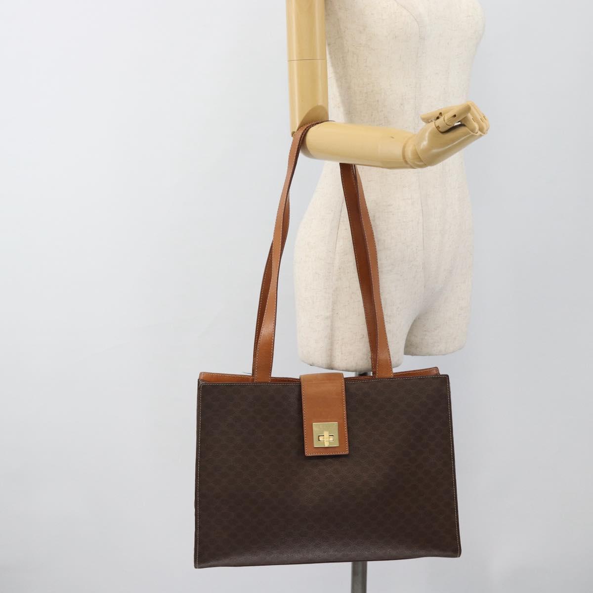 CELINE Macadam Canvas Tote Bag PVC Leather Brown Gold Auth ep14838