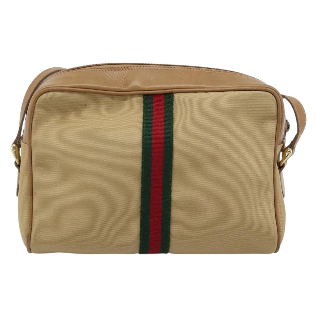 GUCCI Web Sherry Line Shoulder Bag Canvas Beige Gold Red 010 378 Auth ep14843