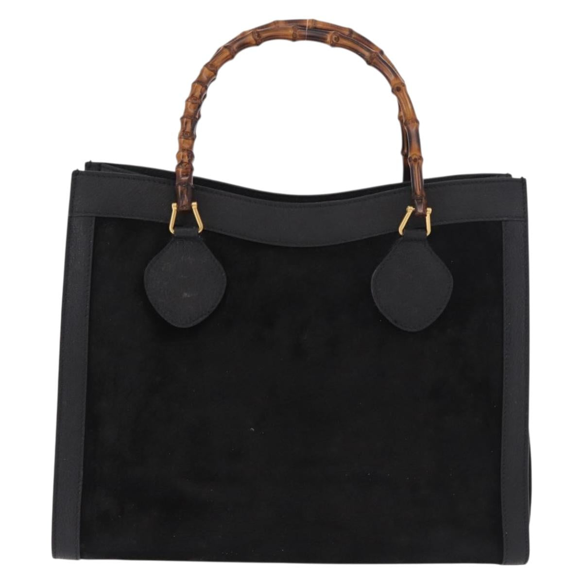 GUCCI Bamboo Hand Bag Suede Black Gold Auth ep14851