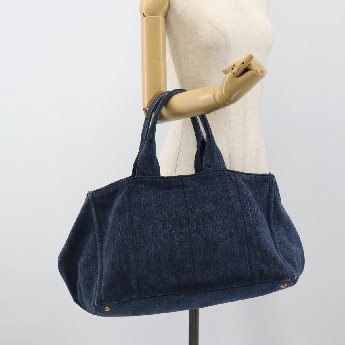 PRADA Canapa GM Hand Bag Denim Blue Gold Auth ep14900